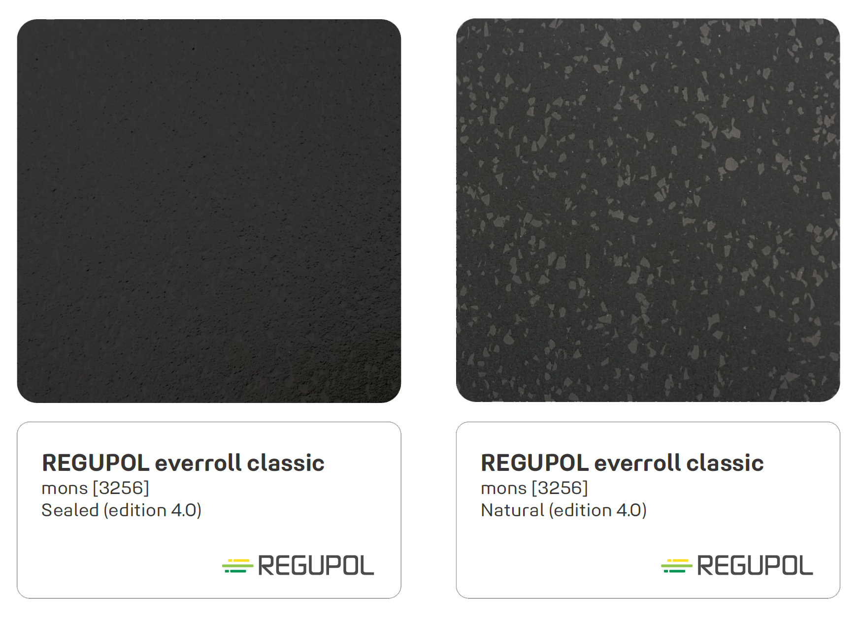 A comparison of two rubber flooring samples - one sample is sealed the other is unsealed.